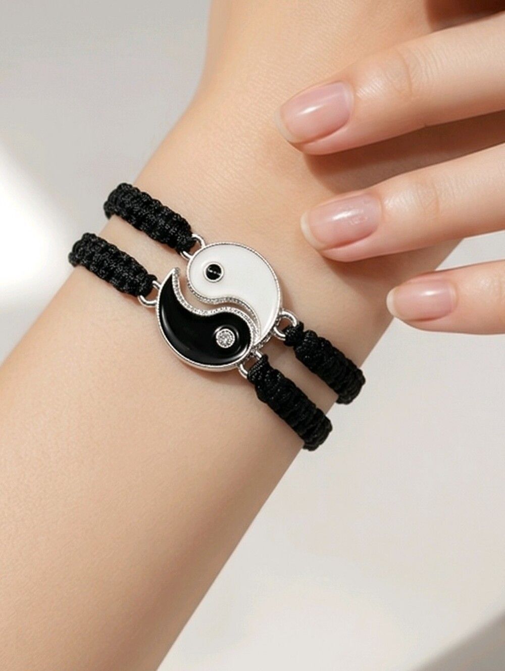 Yin Yang Matching Bracelets Set Black Cord Adjustable Friendship Couple Unisex